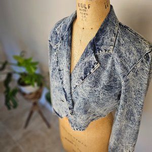 80's Vintage Cristina Cropped Denim Jacket with Shoulder Pads